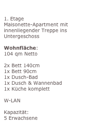 Vila Santana Belle Ètage:

1. Etage
Maisonette-Apartment mit
innenliegender Treppe ins Untergeschoss

Wohnfläche:
104 qm Netto

2x Bett 140cm
1x Bett 90cm
1x Dusch-Bad
1x Dusch & Wannenbad
1x Küche komplett

W-LAN

Kapazität:
5 Erwachsene